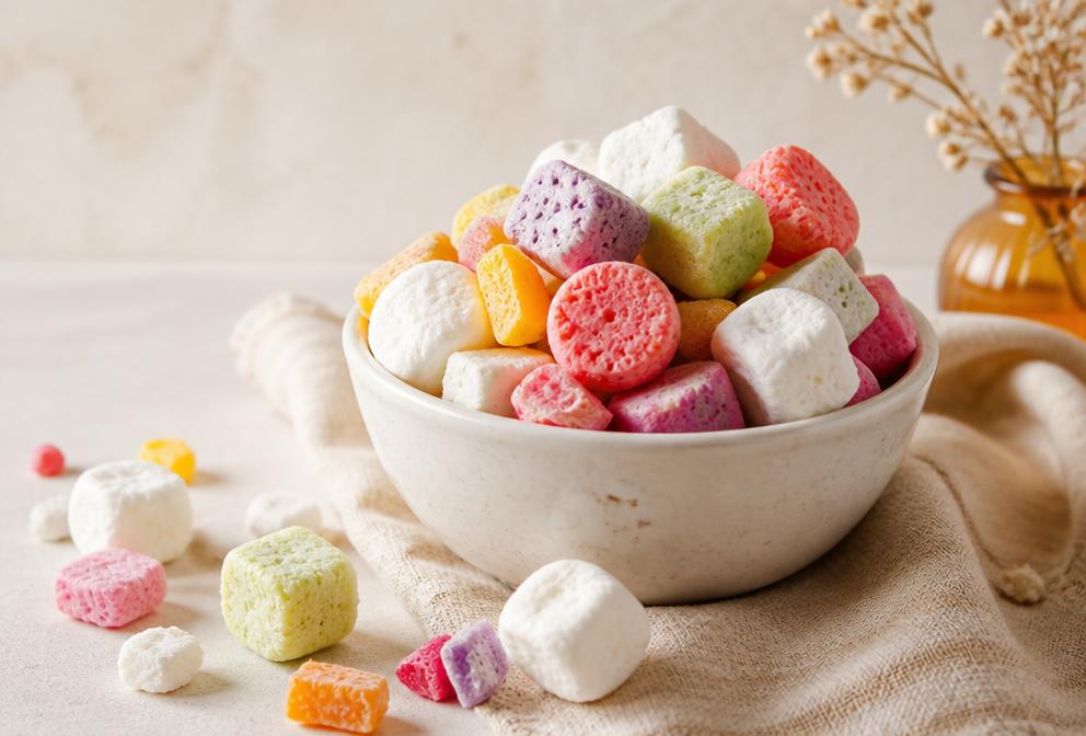 Colorful freeze-dried candy in a serving bowl