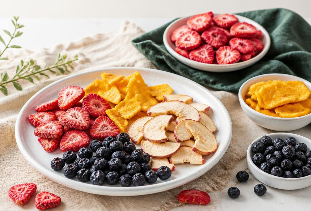 Freeze-dried strawberries, mango, apples and blueberries arranged on plates