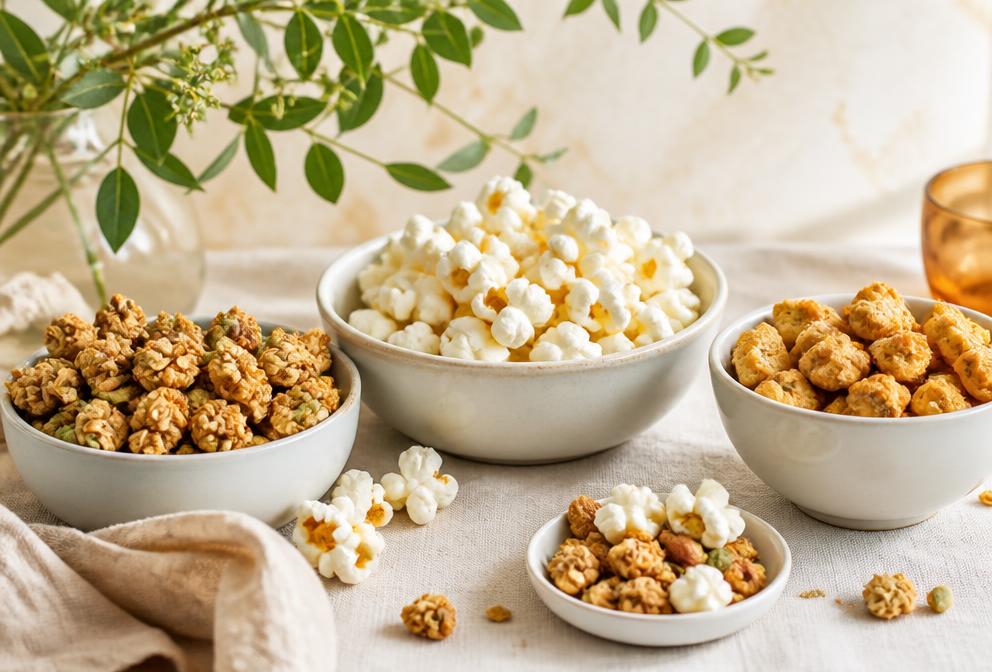 Popcorn and granola arranged in pantry bowls