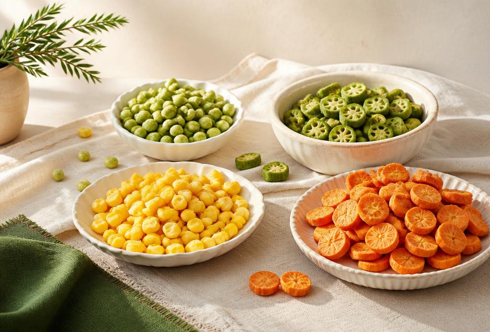 Freeze-dried vegetables arranged in bowls